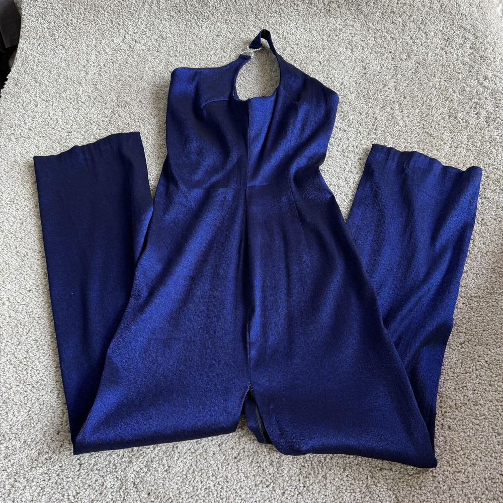 Y2K Rampage Jumpsuit Womens 7 Blue Halter Satin Stretch Party Cocktail Wide Leg